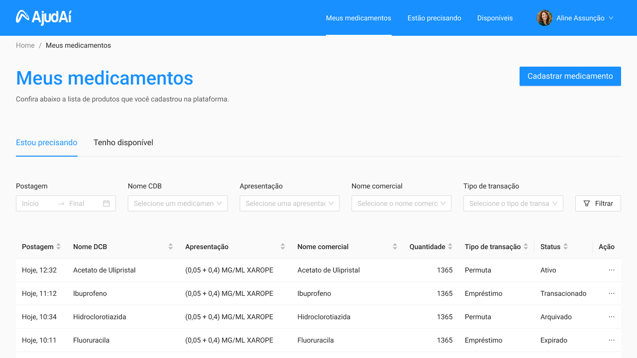 Lista de medicamentos cadastrados, com abas 'Estou precisando' e 'Tenho disponível', filtros e tabela de itens.