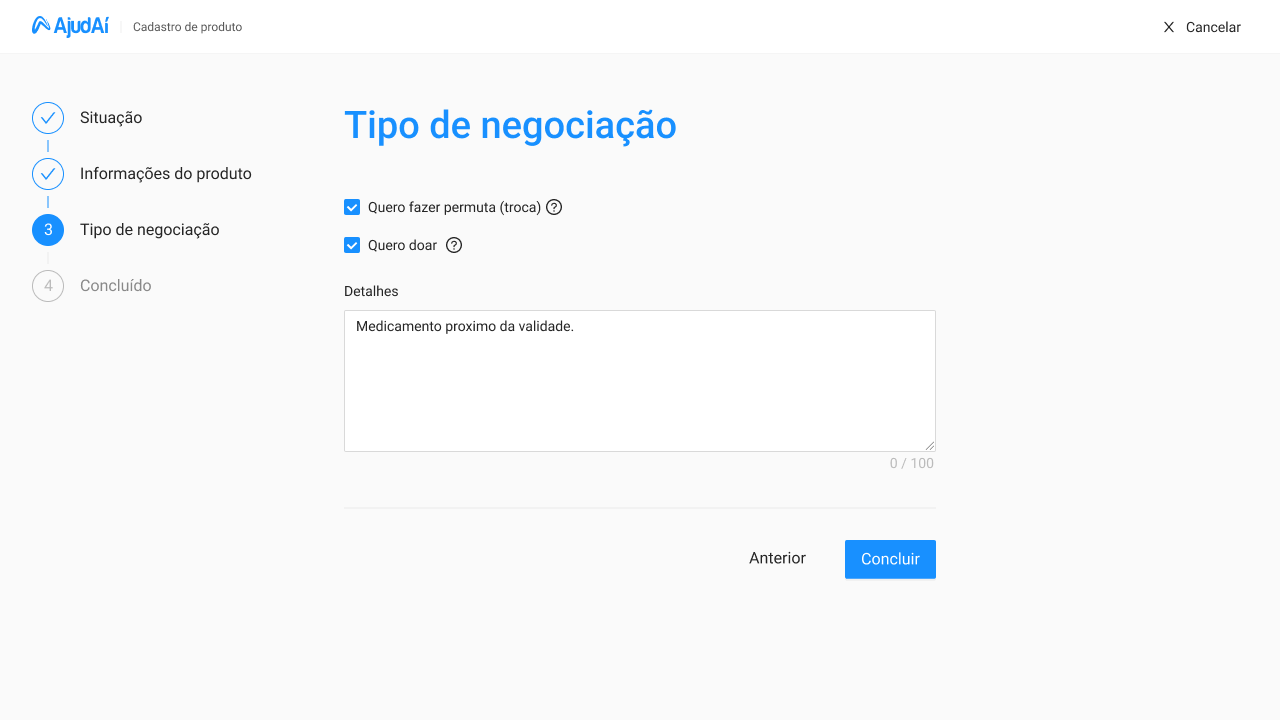 Cadastro de produto, passo 3 de 4: tipo de negociação — permuta ou doação — com campo de detalhes.
