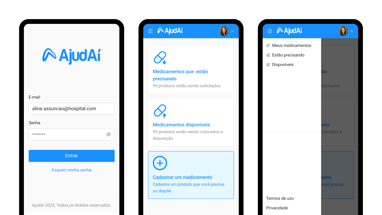 Telas mobile da AjudAí: login, dashboard com atalhos de medicamentos precisando/disponíveis/cadastrar, e menu de navegação.