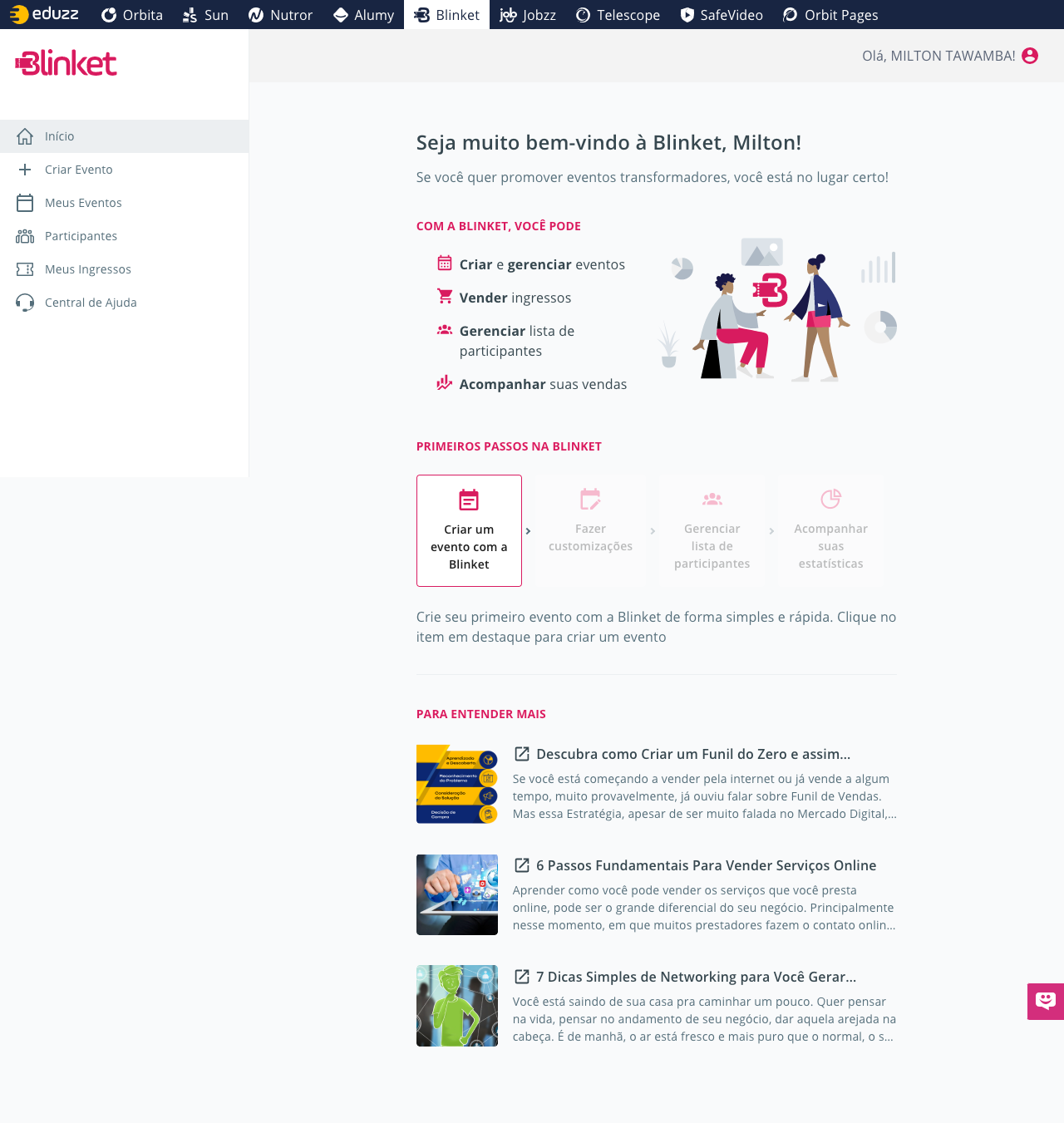 Interface do Blinket, produto de venda de ingressos da Eduzz
