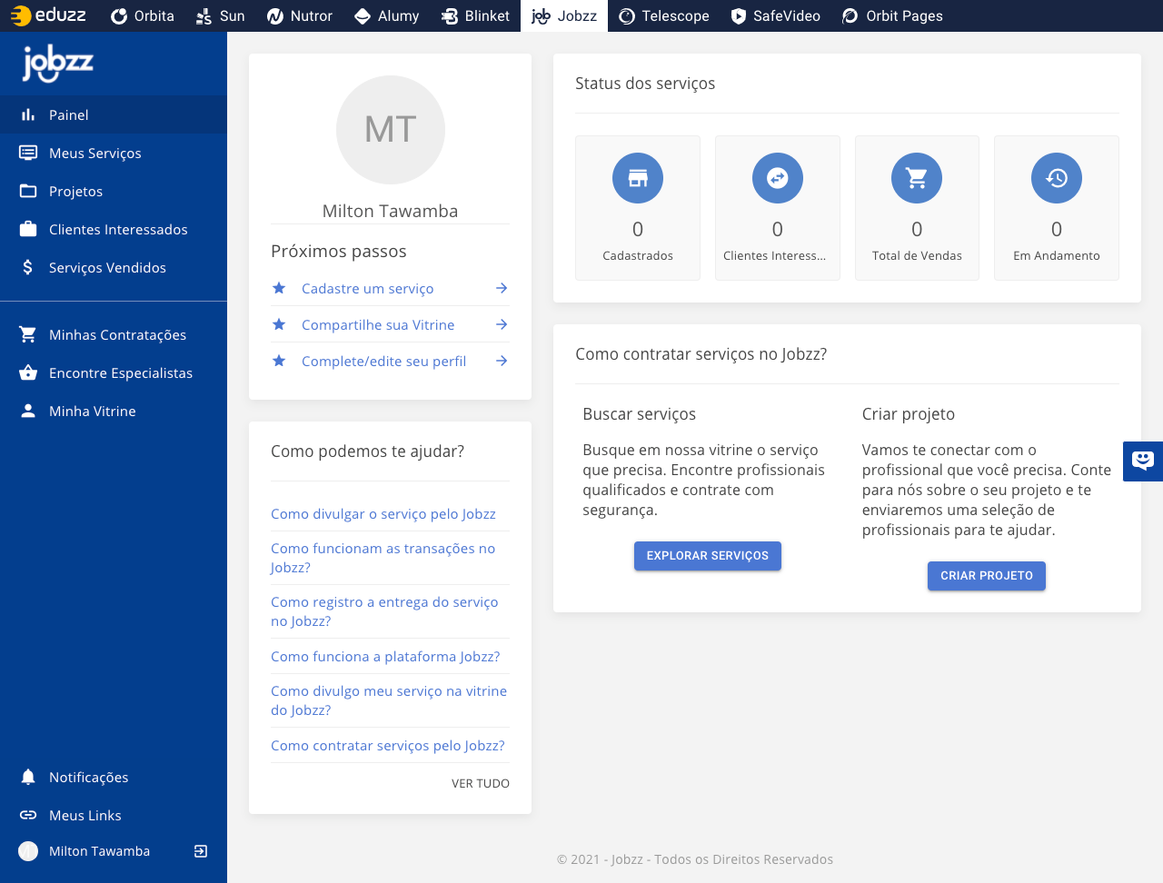 Interface do Jobzz, produto da Eduzz