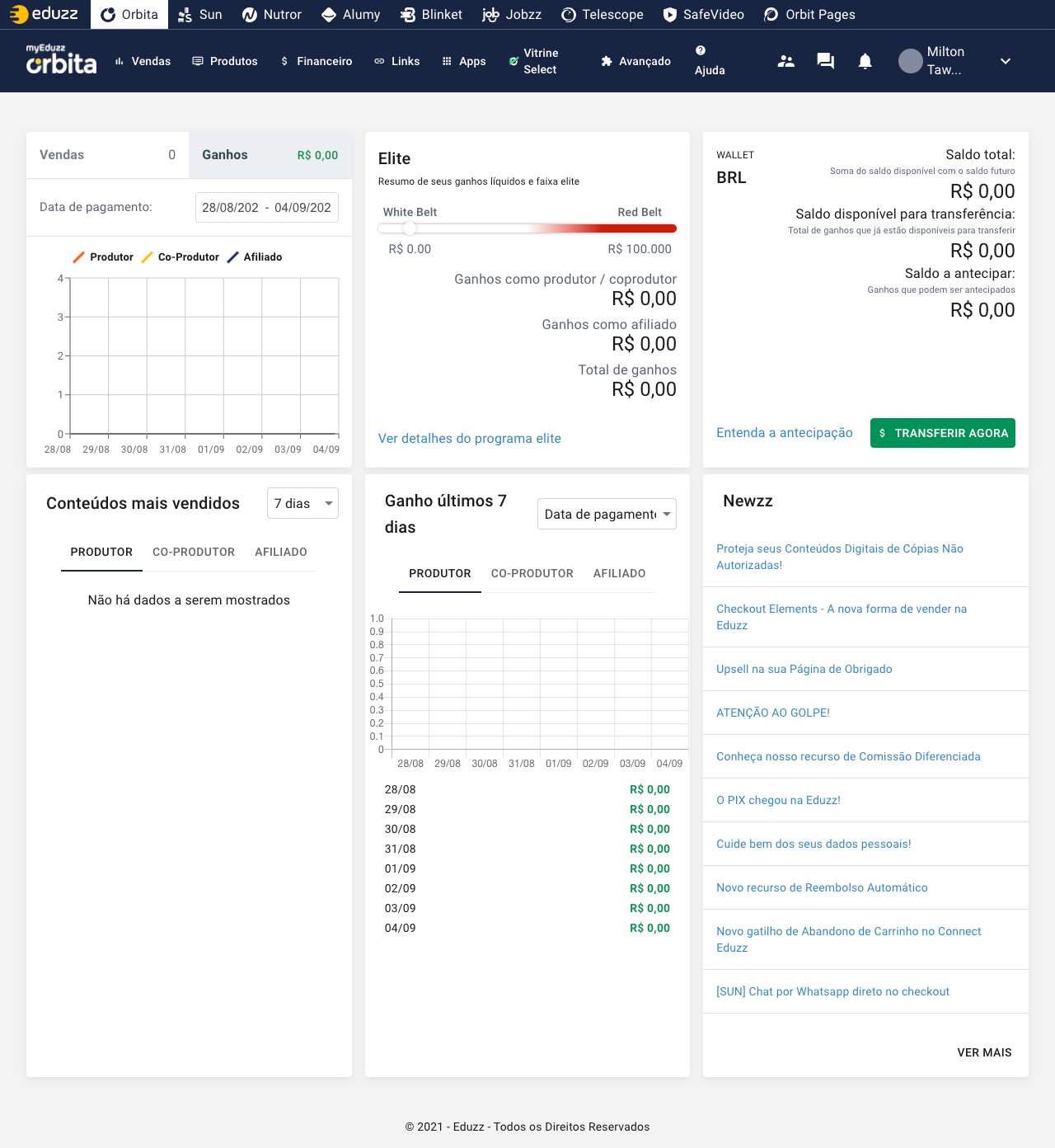 Interface do Orbita, produto de gestão de negócio da Eduzz
