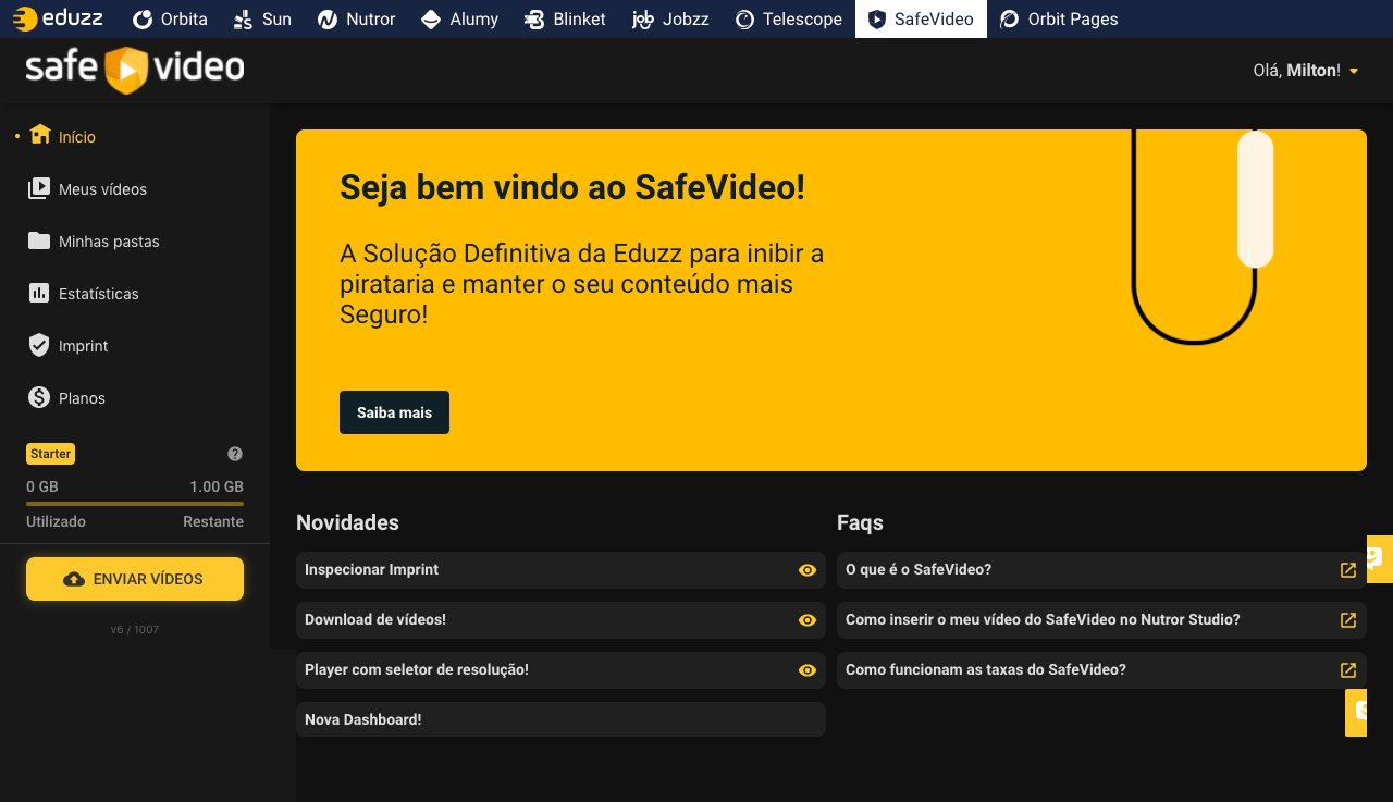 Interface do SafeVideo, produto da Eduzz