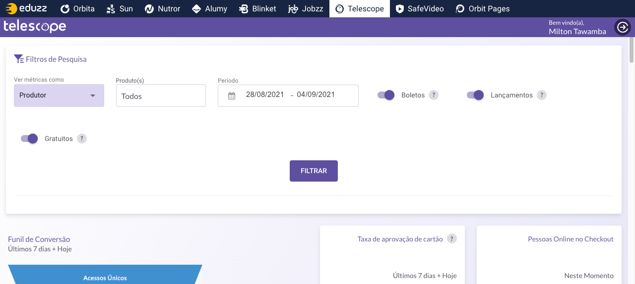 Interface do Telescope, produto da Eduzz