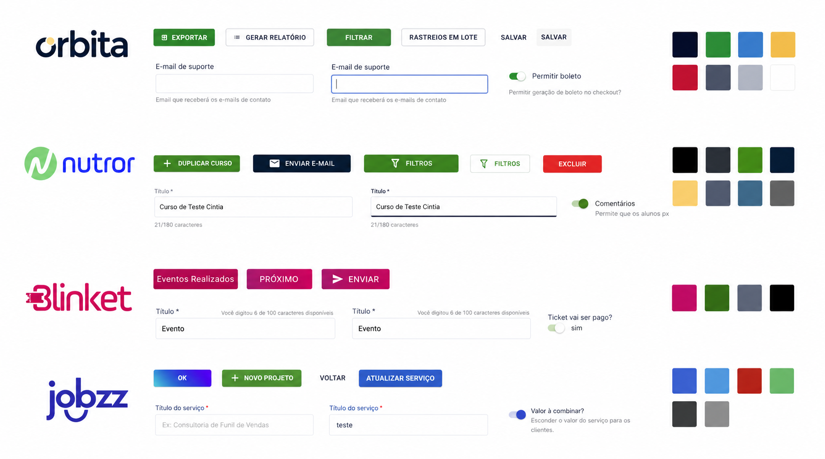 Inventário de interface comparando os mesmos elementos de UI — botões, campos, toggles — extraídos de diferentes produtos da Eduzz, evidenciando a divergência visual entre eles
