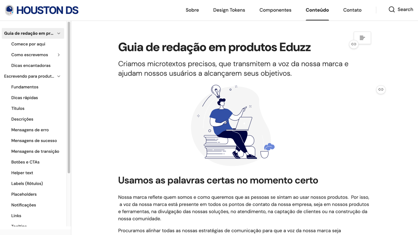 Guia de redação em produtos Eduzz no Houston, com sumário de tipos de microcopy — títulos, descrições, mensagens de erro e sucesso, botões, helper text, labels e tooltips