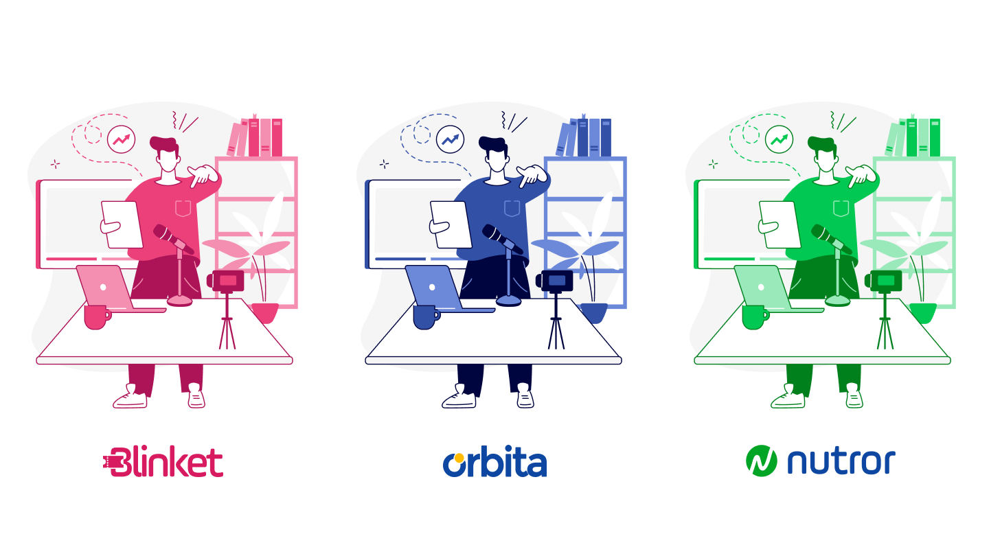 Mesma ilustração customizada nas cores de três produtos da Eduzz: Blinket, Orbita e Nutror