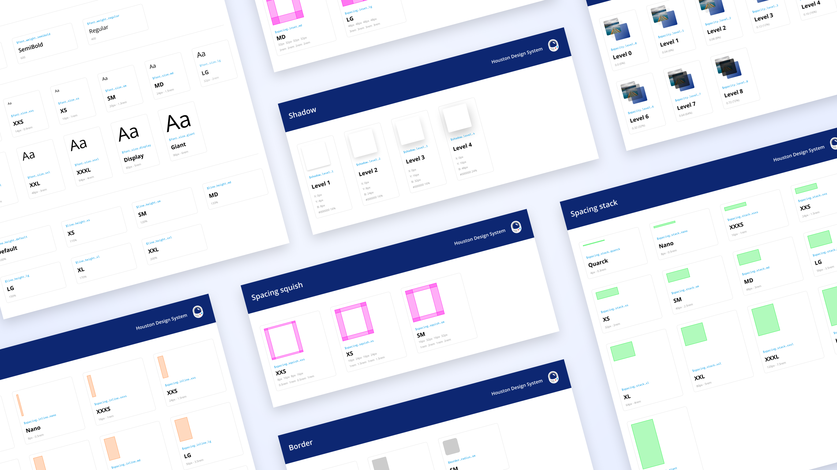 Páginas de tokens do Houston Design System: tipografia, sombra, opacidade, espaçamento (squish e stack) e borda