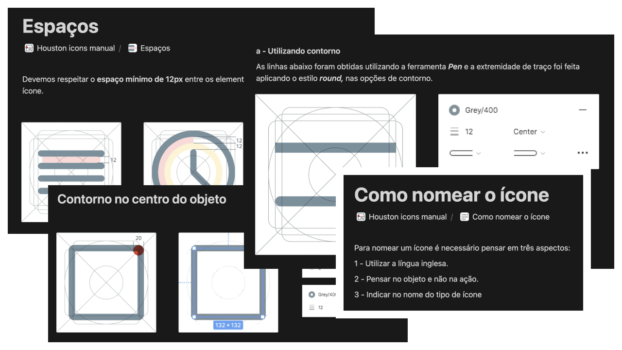 Páginas da guideline: espaçamento mínimo, contorno no centro do objeto e como nomear o ícone.