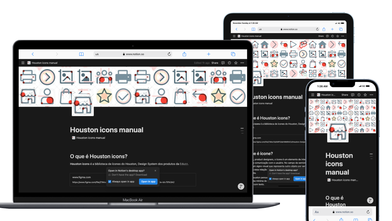 Manual de iconografia do Houston, aberto no Notion, exibido em MacBook, iPad e iPhone