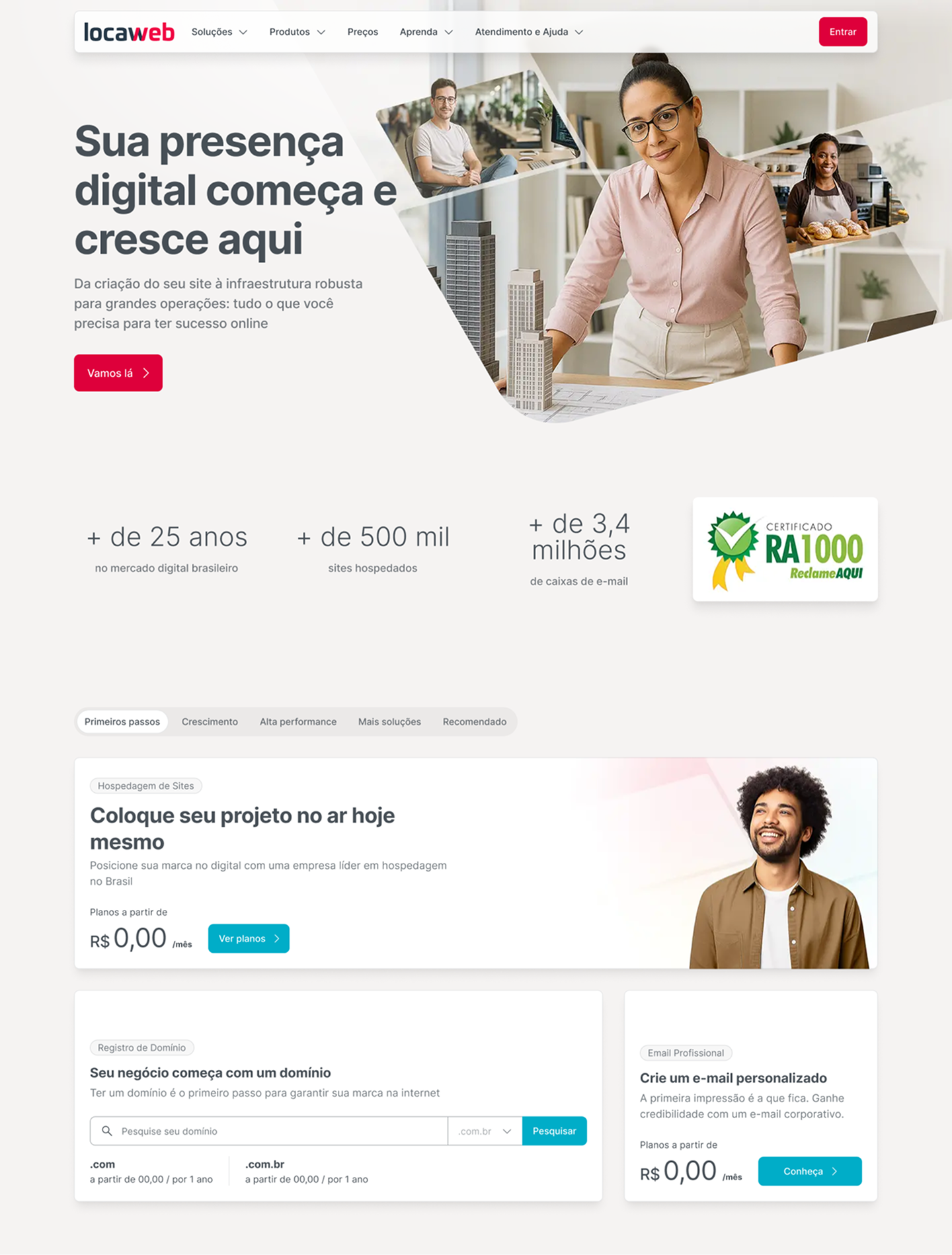 Nova home da Locaweb, com hierarquia reorganizada: problema do usuário antes de produtos e preço, e bloco de direcionamento por estágio do negócio abaixo da Hero