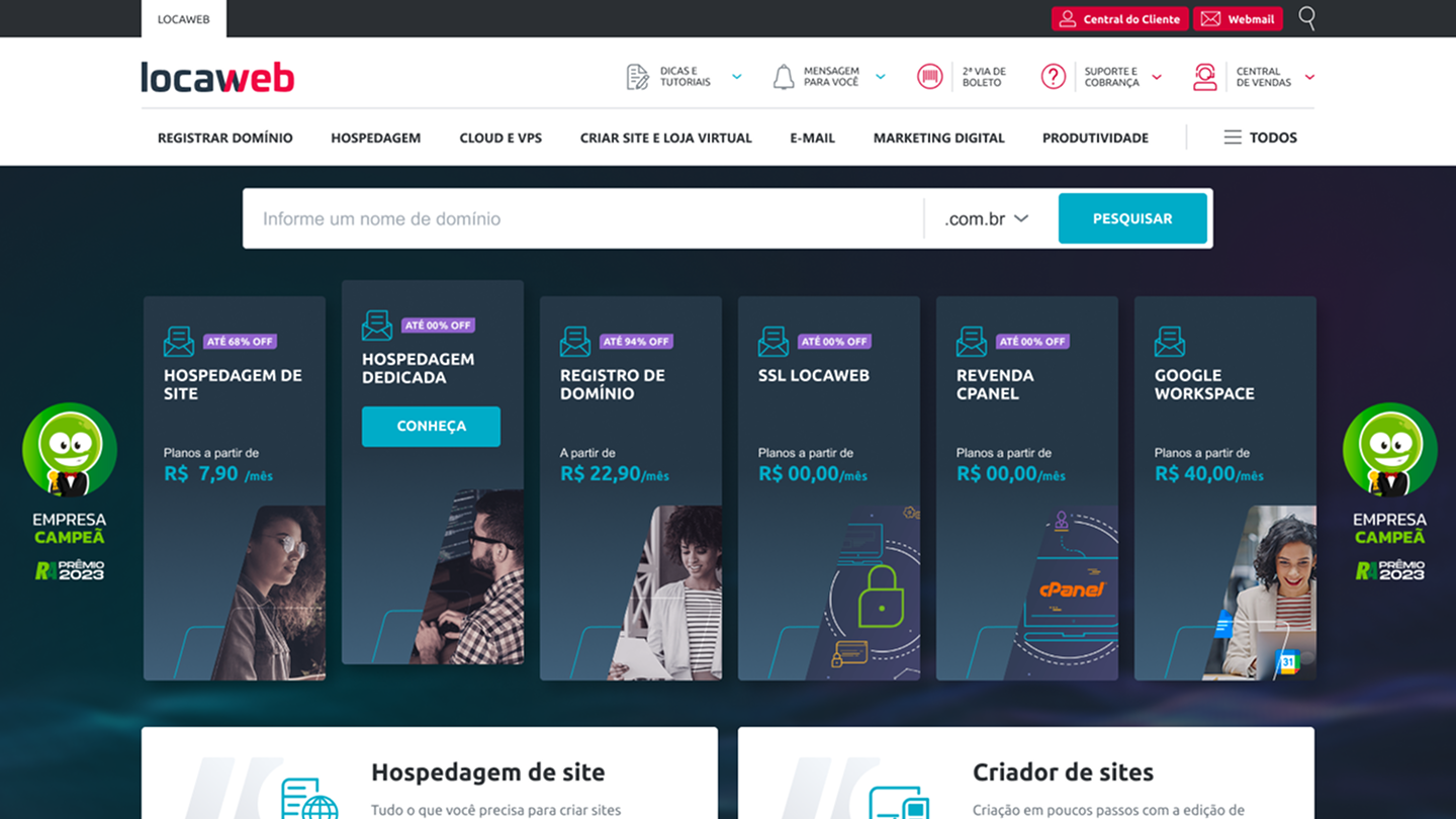 Home antiga da Locaweb, com parede de cards de preço logo abaixo da busca de domínio