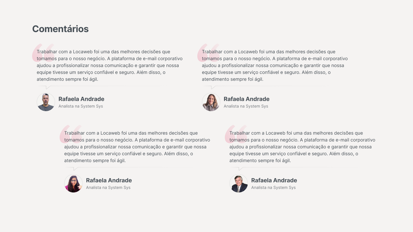 Comentários em texto de clientes na nova home da Locaweb