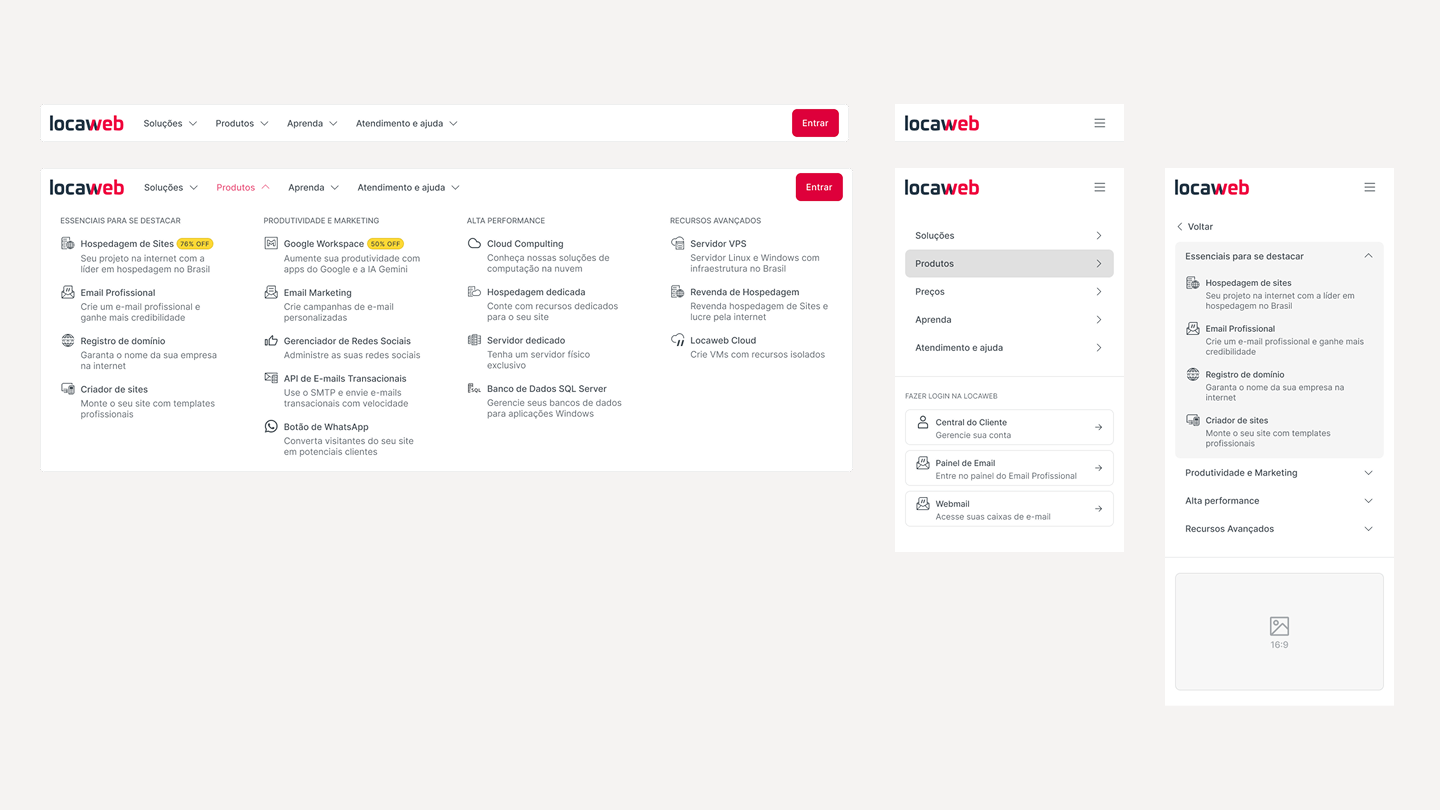 Header da Locaweb em desktop e no menu mobile expandido, com os grupos reagrupados por intenção
