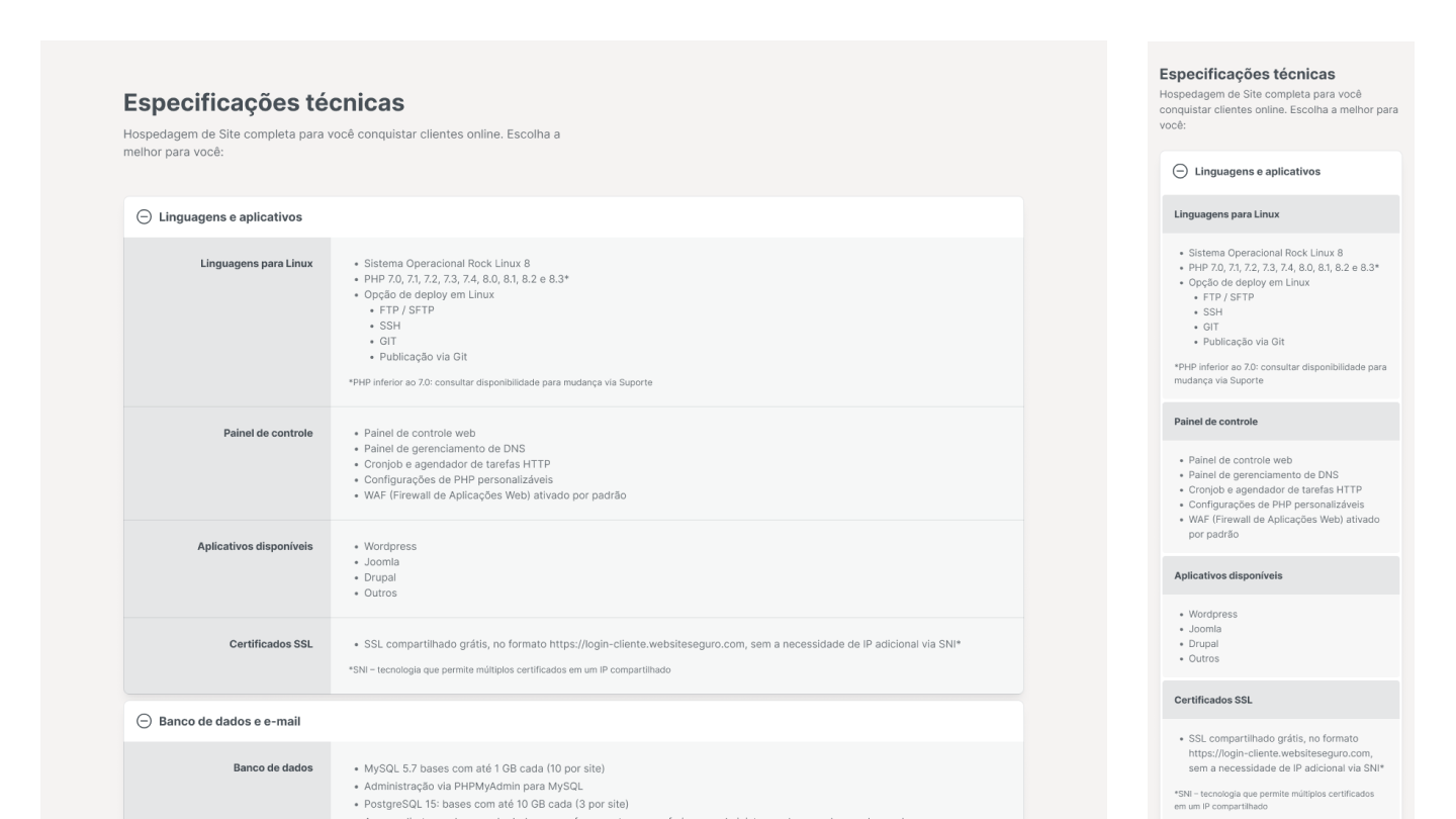 Tabela de especificações técnicas da Locaweb em desktop e mobile, com accordions no lugar da tabela