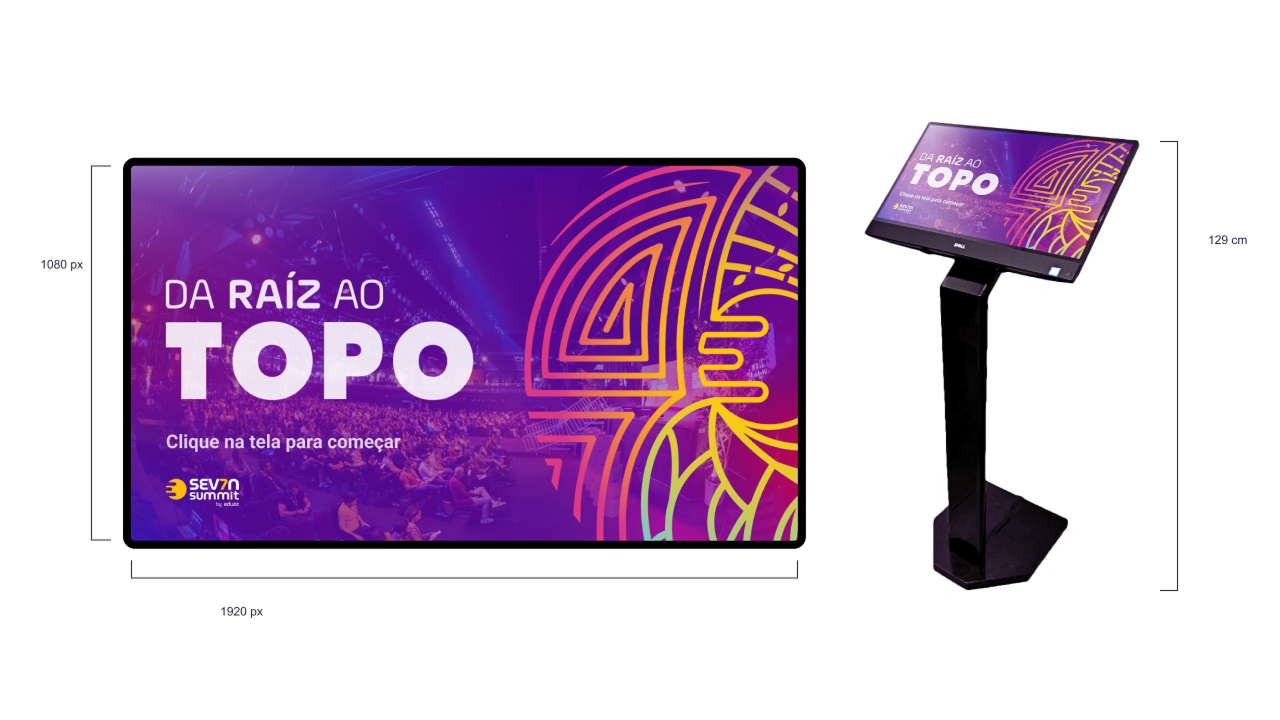Render do hardware: tela inicial da estação — 'Da raiz ao topo / Clique na tela para começar' com o key visual do Sev7n Summit — ao lado do totem touch de 27 polegadas, com as medidas do equipamento.