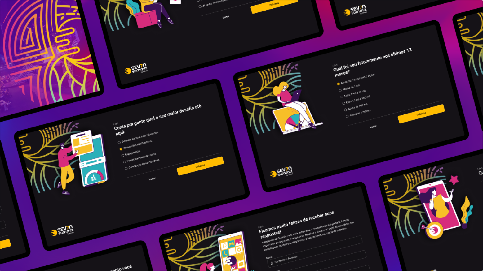 Colagem inclinada das telas do fluxo de qualificação sobre o key visual roxo e amarelo do Sev7n Summit: perguntas com ilustrações e opções de resposta do totem.