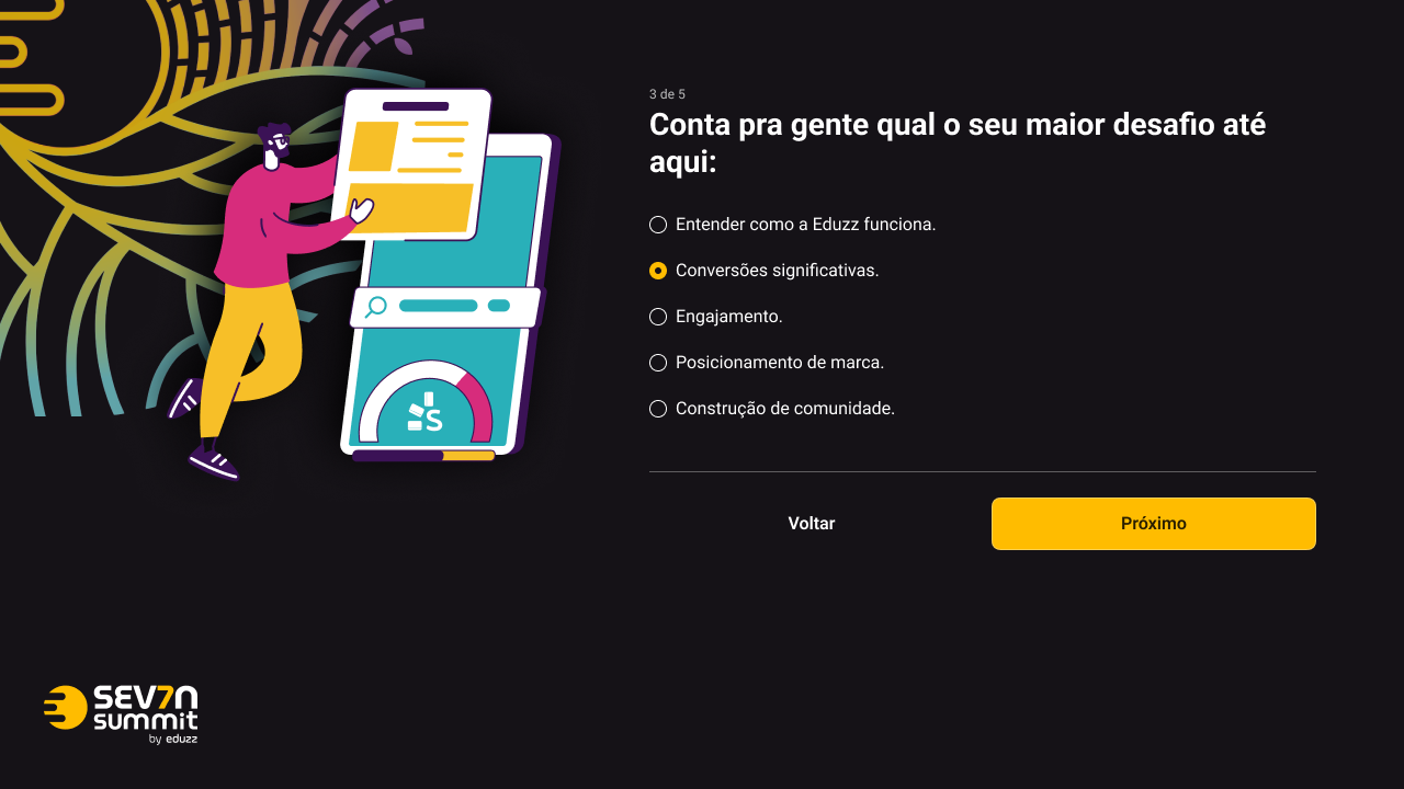 Passo 3 de 5: 'Qual o seu maior desafio até aqui' — conversões, engajamento, posicionamento, comunidade.