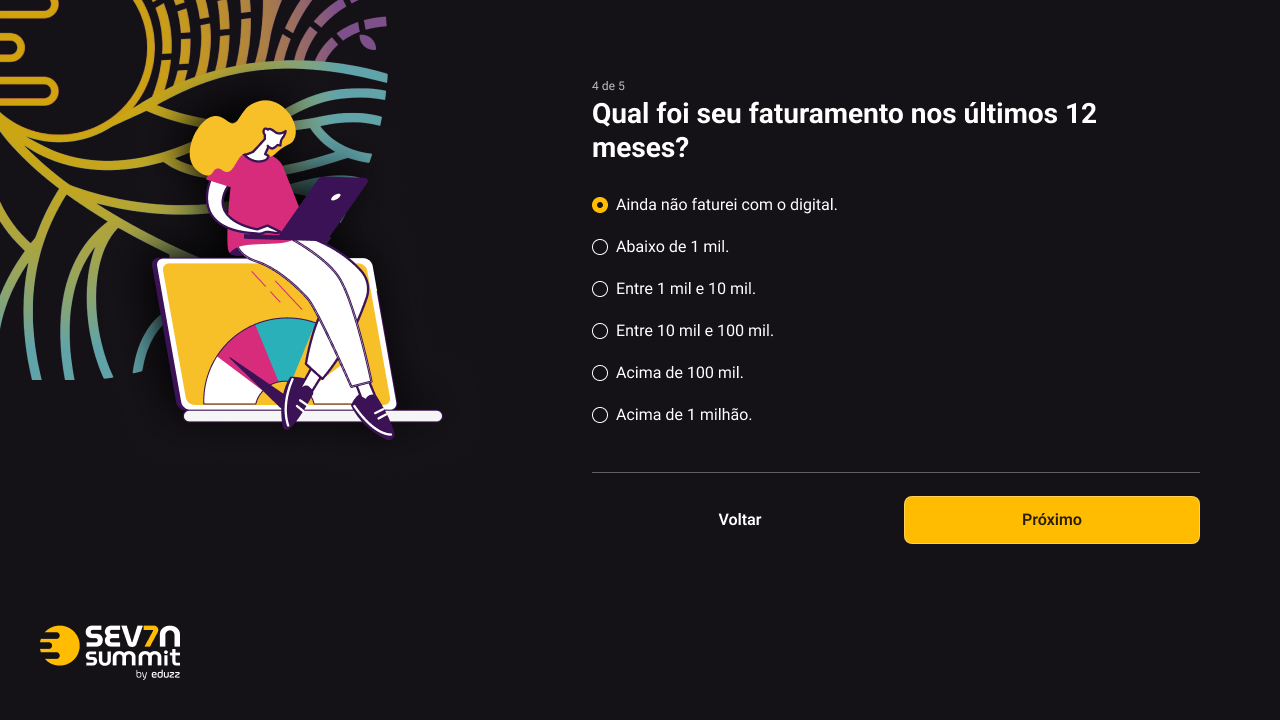 Passo 4 de 5: 'Qual foi seu faturamento nos últimos 12 meses' — faixas de receita em escolha única.