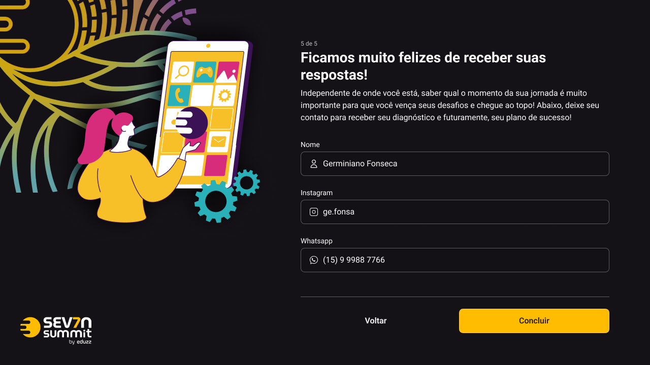 Passo 5 de 5: tela de contato — nome, Instagram e WhatsApp para o participante receber o diagnóstico.